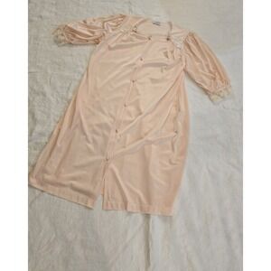 Vintage Lorraine Peach Antron III Nylon‎ Lace Trim Button Front Nightgown Robe